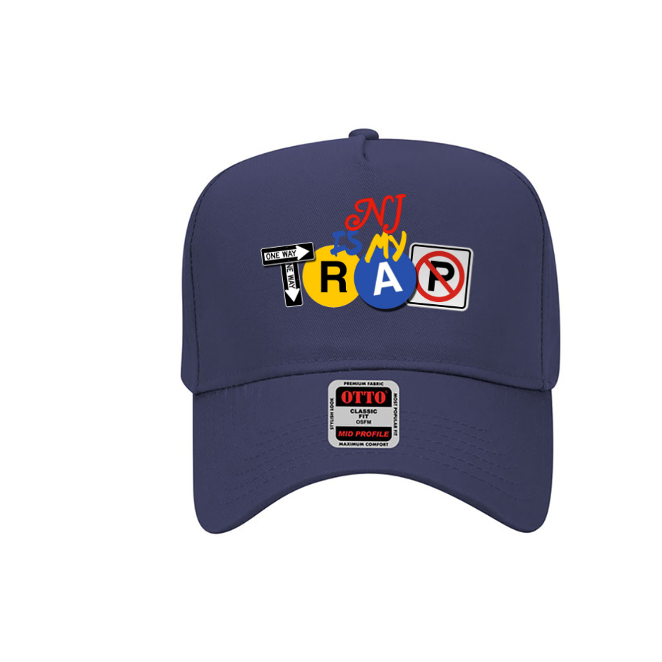 navy blue trucker hat with colorful embroidered ny is my trap logo text and street symbols onfront