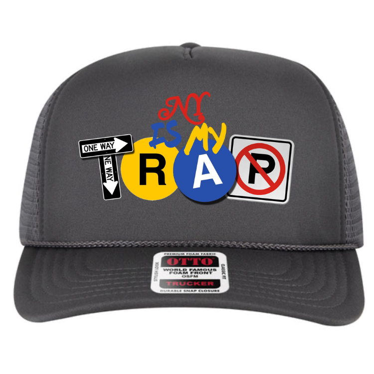 gray trucker hat with colorful embroided ny is my trap logo