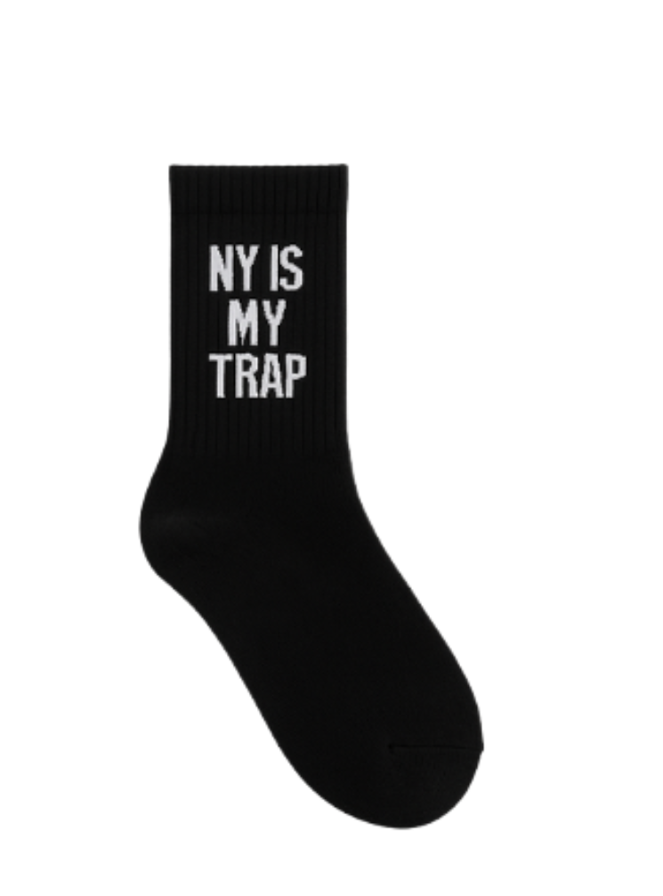 Black sock with 'NY IS MY TRAP' text