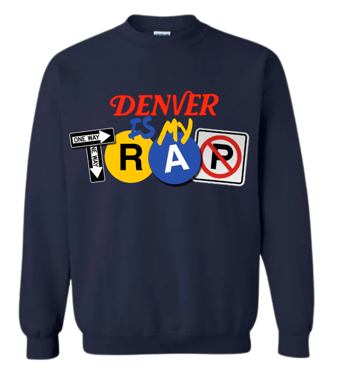 Navy blue sweatshirt with colorful ny is my trap logo graphic design