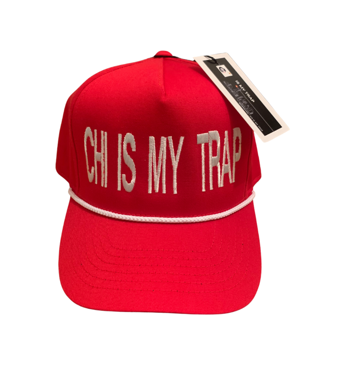 Red snapback with 'CH IS MY TRAP' text