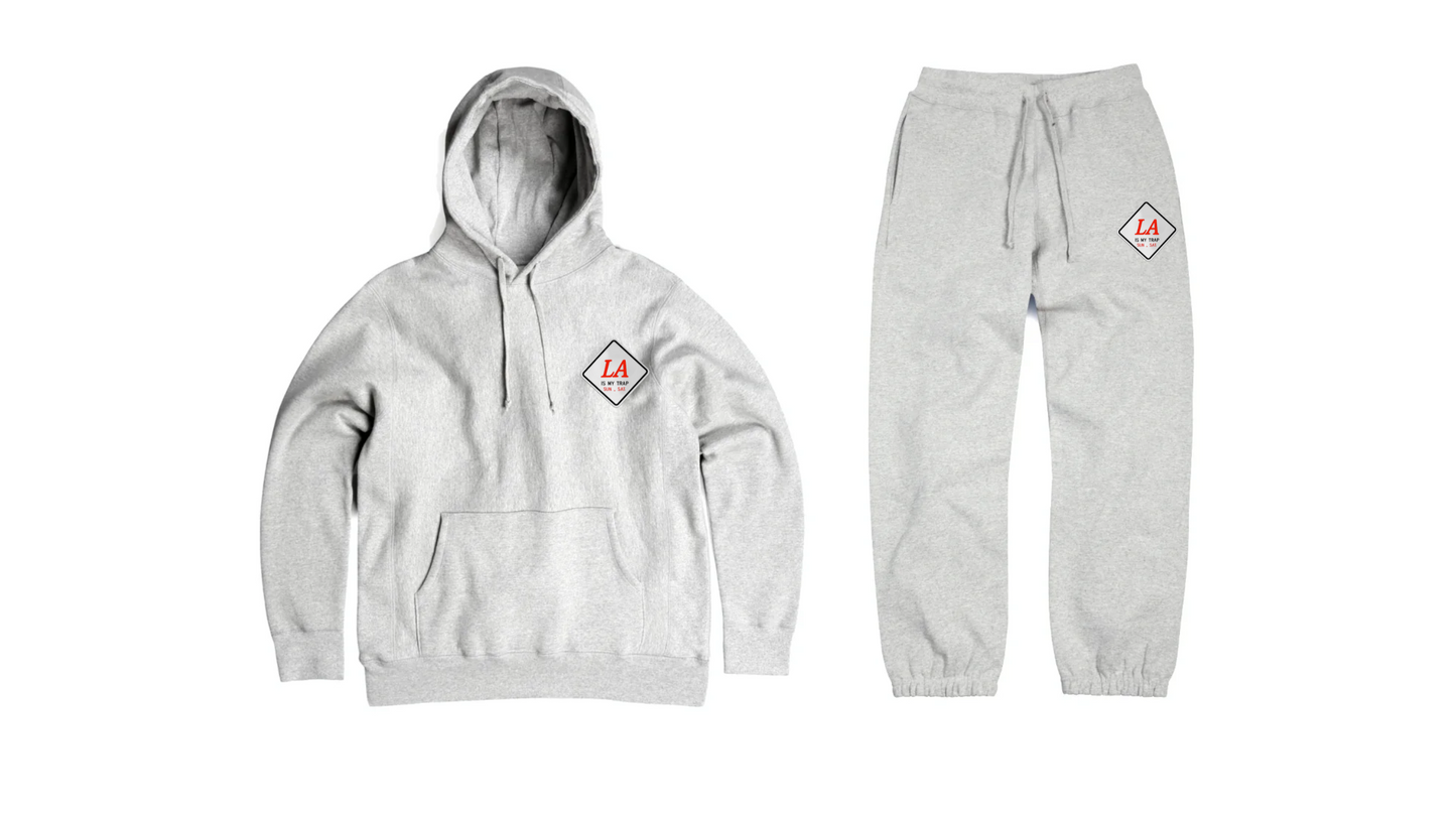 Gray hoodie and pants set with embroidered la is my trap sun-sat logo on hoody and pant let