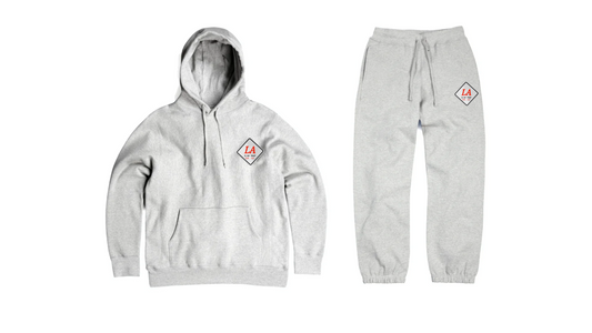 Gray hoodie and pants set with embroidered la is my trap sun-sat logo on hoody and pant let