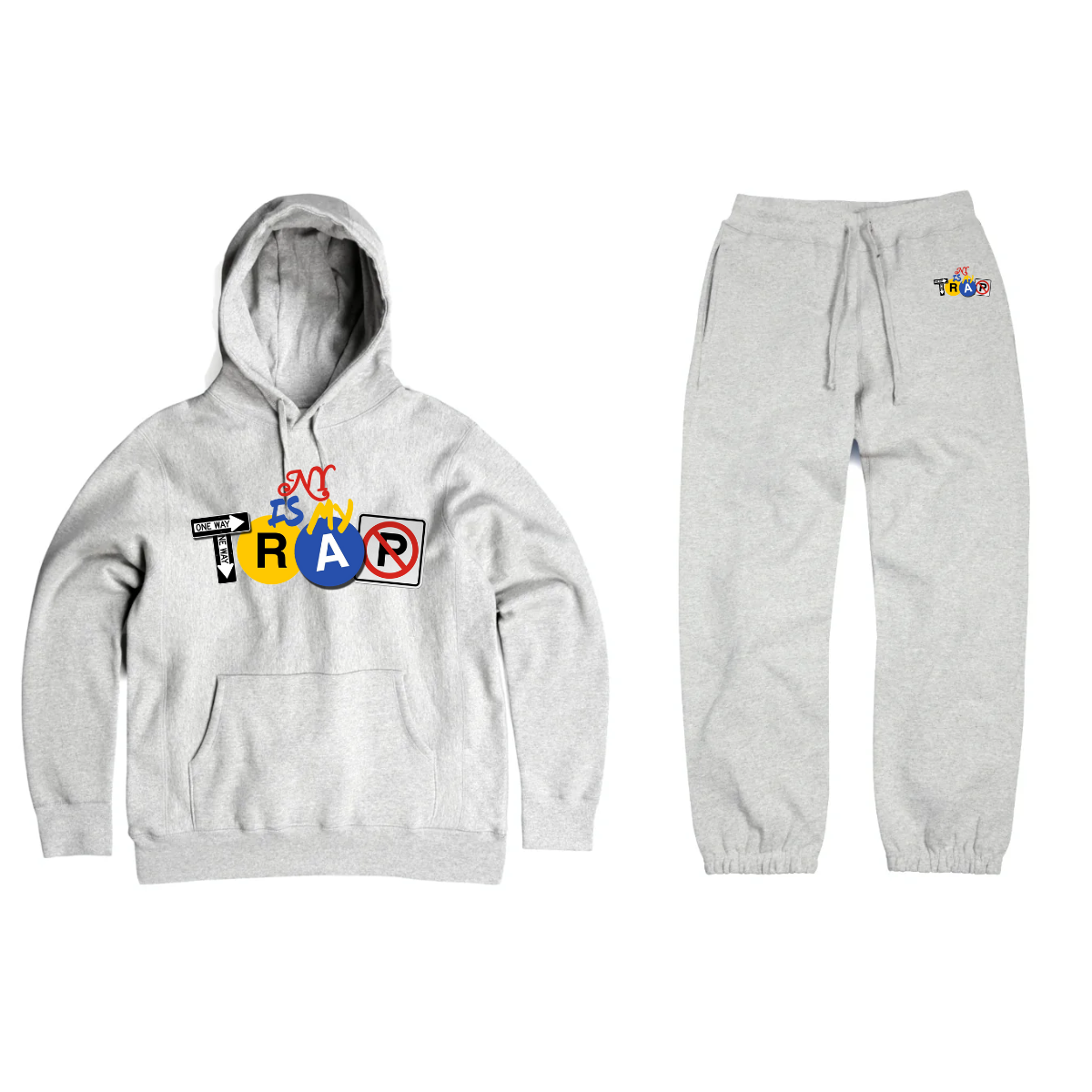 NY IS MY TRAP logo gray sweatsuit hoodie and jogger set – NYC streetwear