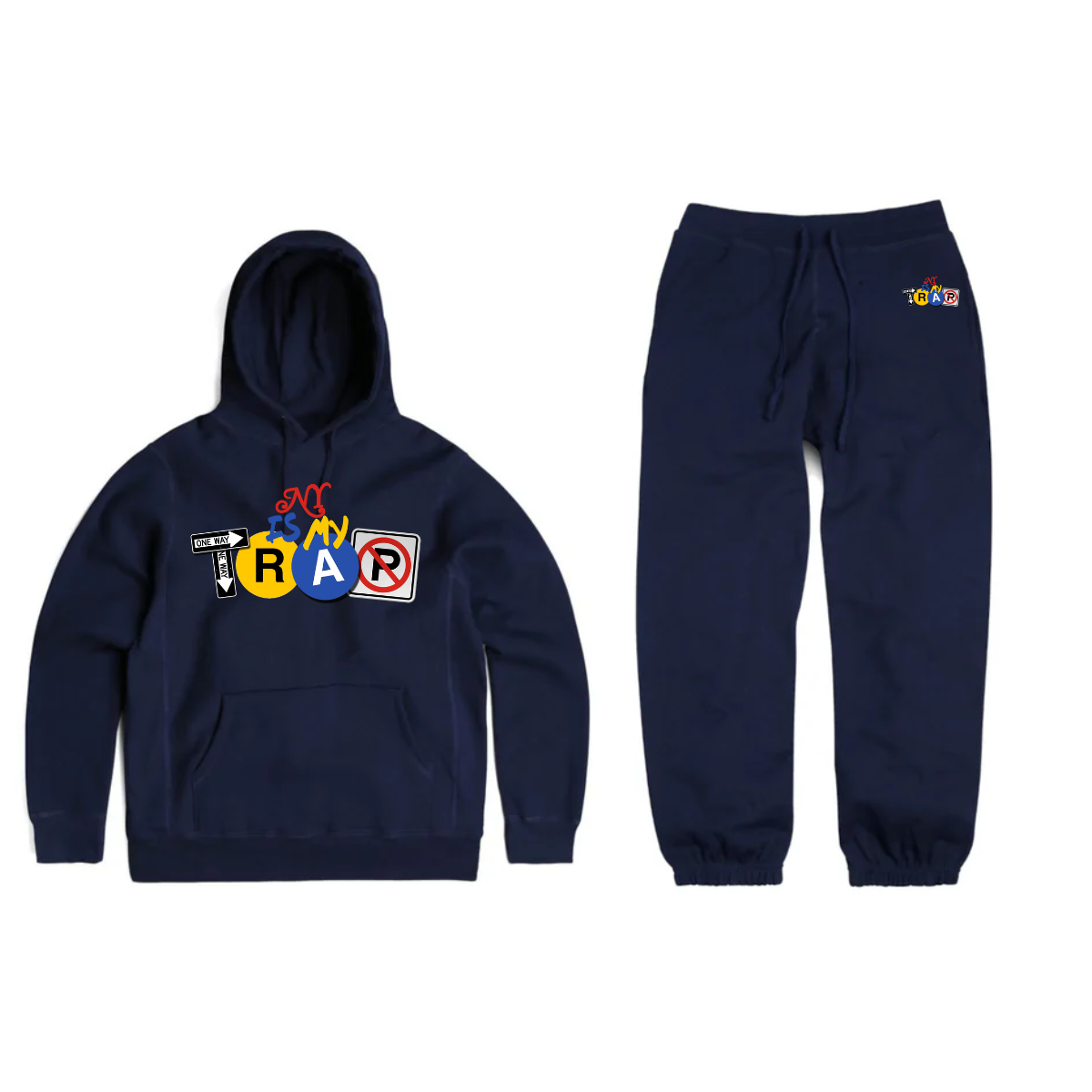 NY IS MY TRAP logo navy blue sweatsuit hoodie and jogger set – NYC streetwear