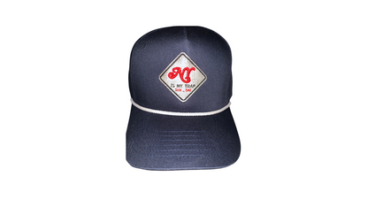 navy blue snapback with a white embroidered ny is my trap sun-sat logo by ny is my trap, nyc streetwear