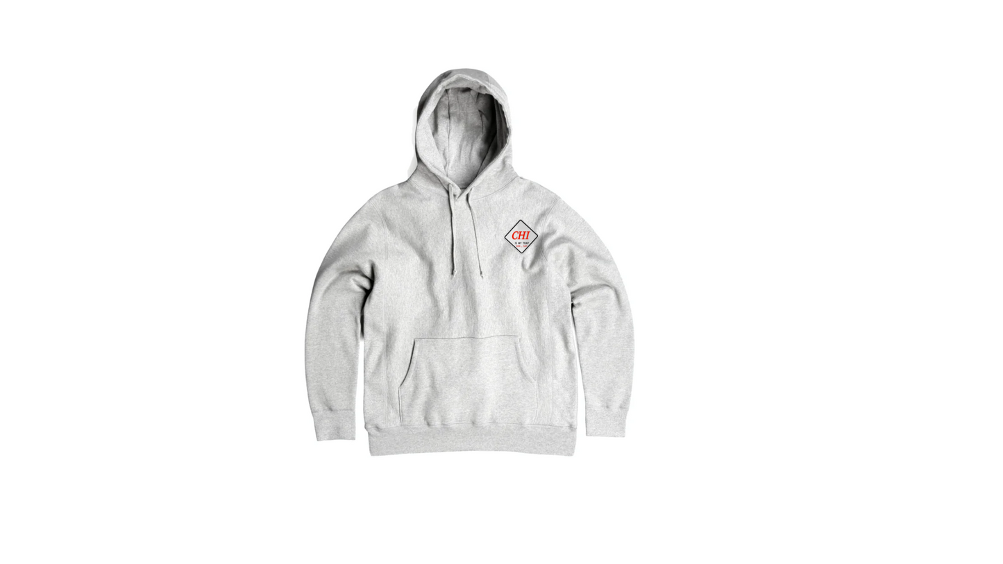 Grey "CHI IS MY TRAP" embroidered hoody featuring the "Chi is My Trap Sun–Sat" slogan stitched on chest. Premium streetwear inspired by Chicago grind culture and everyday hustle.