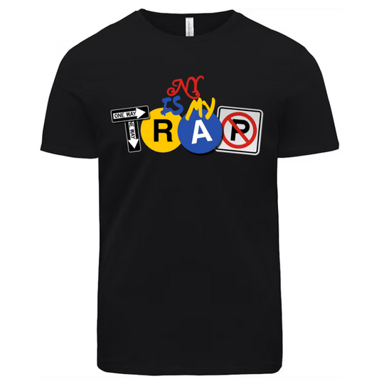 Black t-shirt with colorful ny is my trap text graphic design on a white background