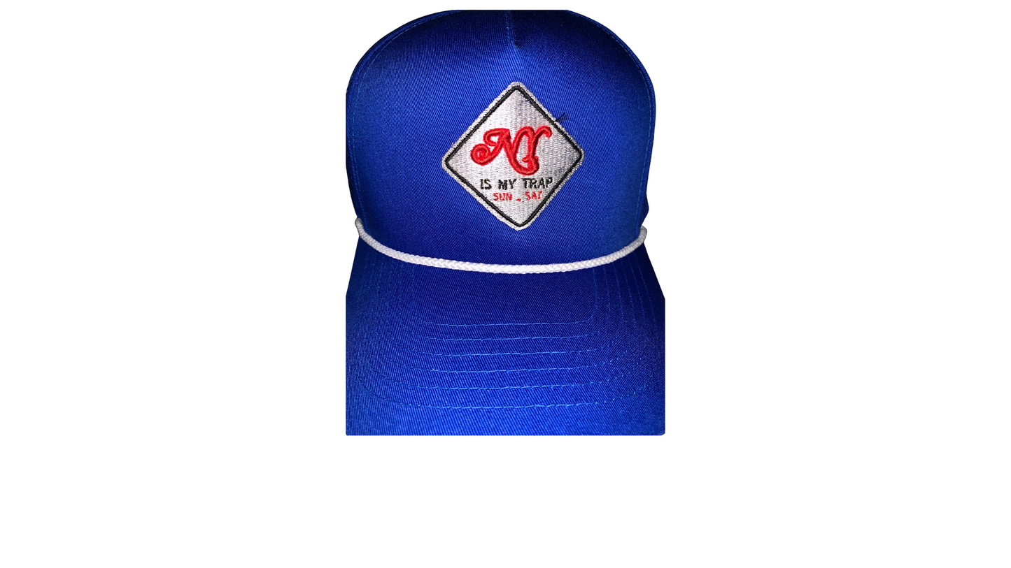 royal blue snapback with a white embroidered ny is my trap sun-sat logo by ny is my trap, nyc streetwear 