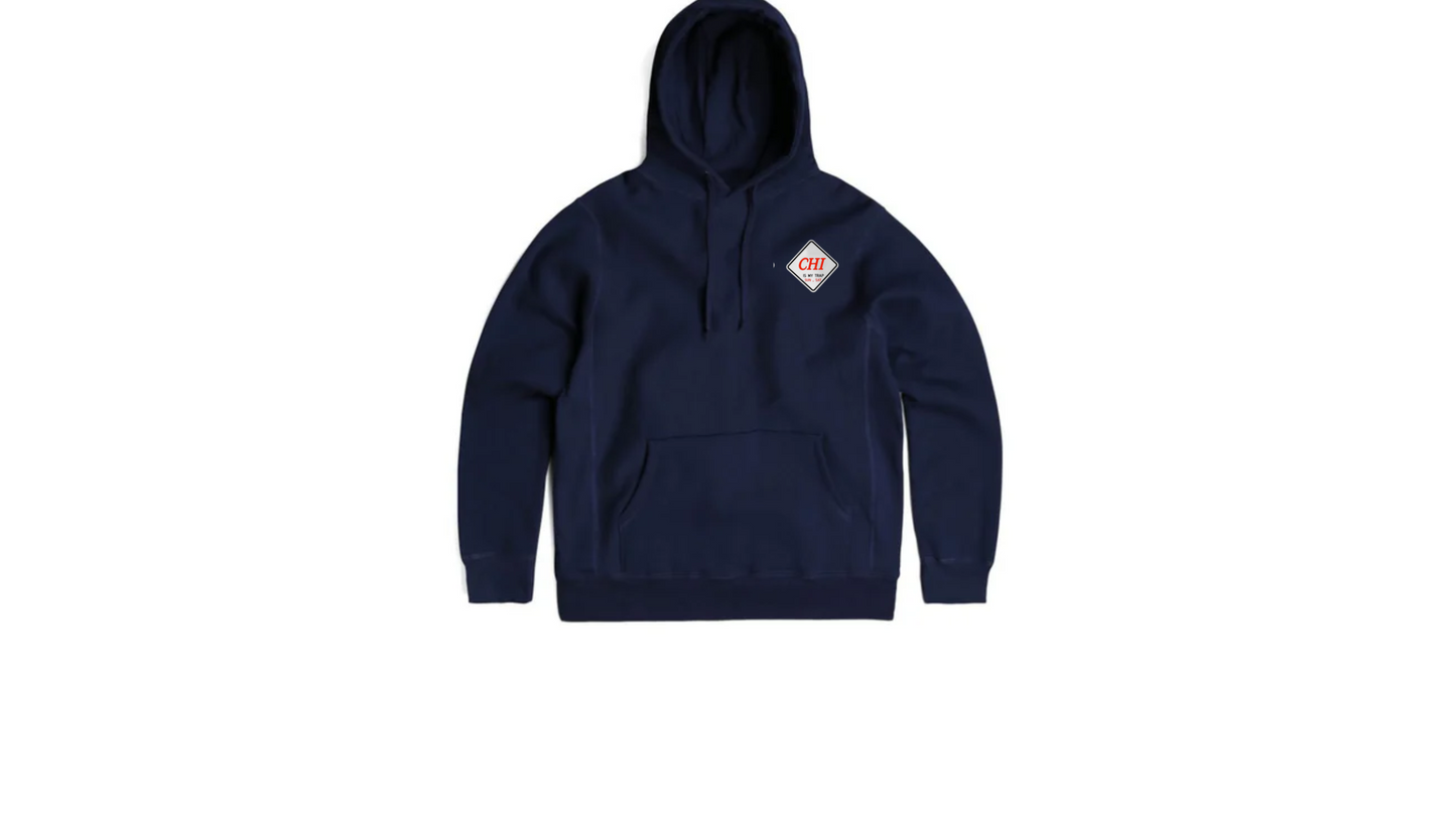 Navy Blue "CHI IS MY TRAP" embroidered hoody featuring the "Getting Money Sun–Sat" slogan stitched on chest. Premium streetwear inspired by Chicago grind culture and everyday hustle.