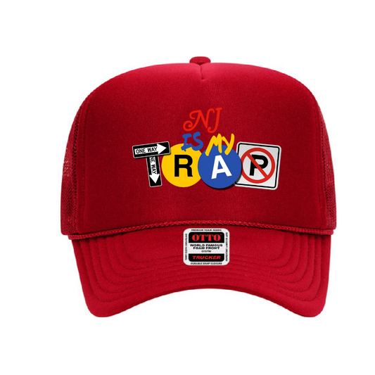 Red trucker hat with colorful embroidered ny is my trap logo text and street symbols on on hat