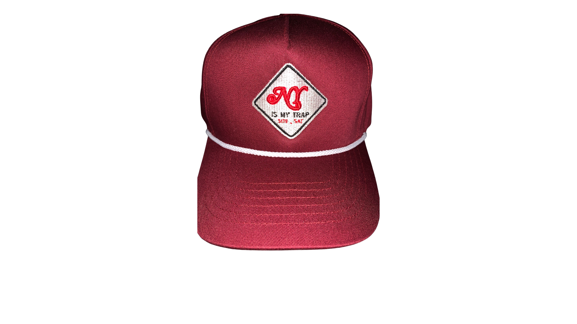 burgandy snapback with a white embroidered ny is my trap sun-sat logo by ny is my trap, nyc streetwear