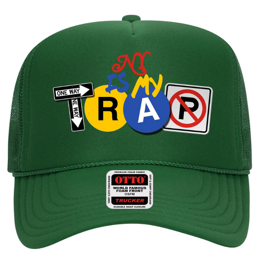 Green trucker hat with colorful embroidered ny is my trap logo graphics and text on a white background