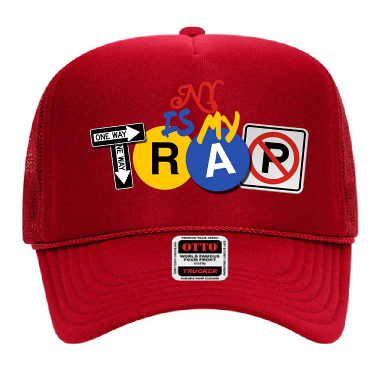 red trucker hat with colorful embroided ny is my trap logo