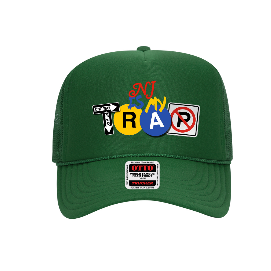 green trucker hat with colorful embroidered ny is my trap logo text and street symbols on on hat