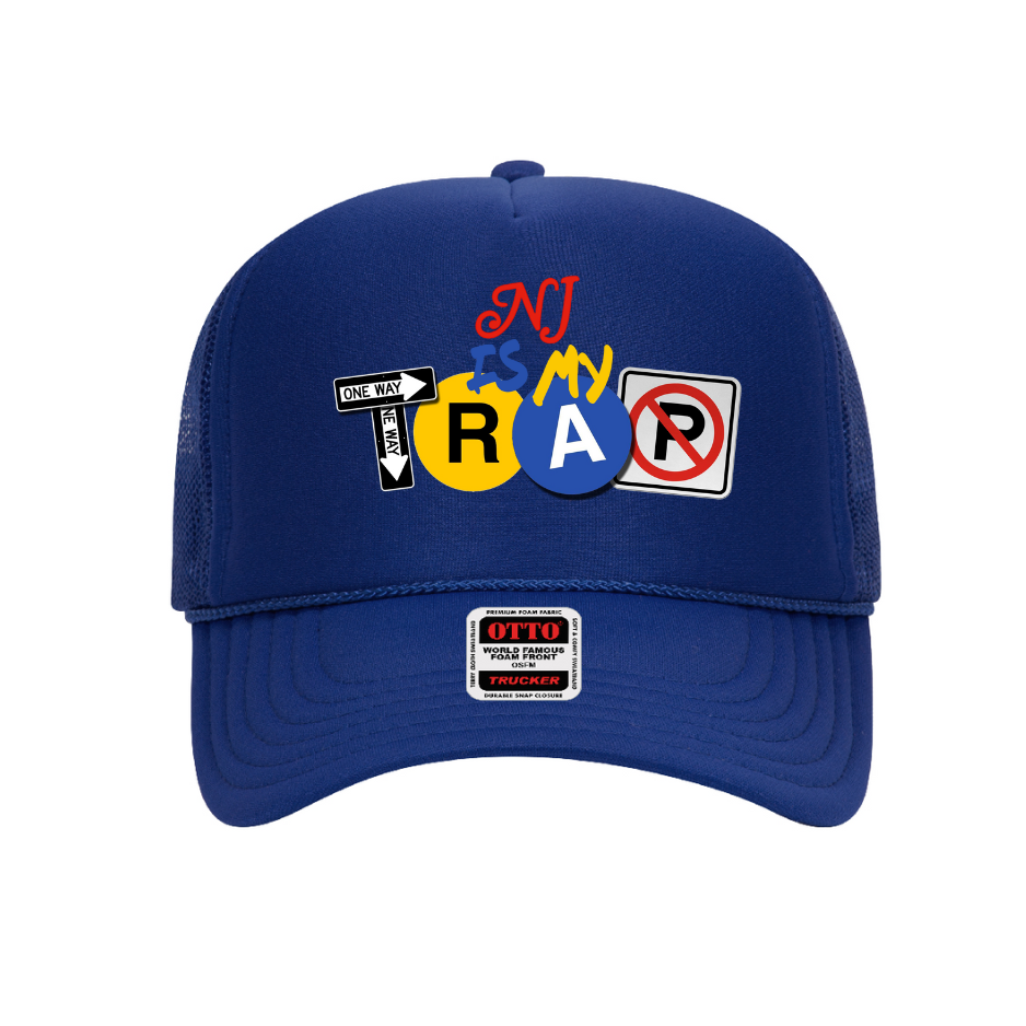 royal blue trucker hat with colorful embroidered ny is my trap logo text and street symbols on on hat