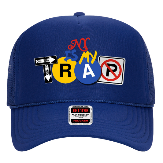 Blue cap with colorful embroided ny is my trap logo