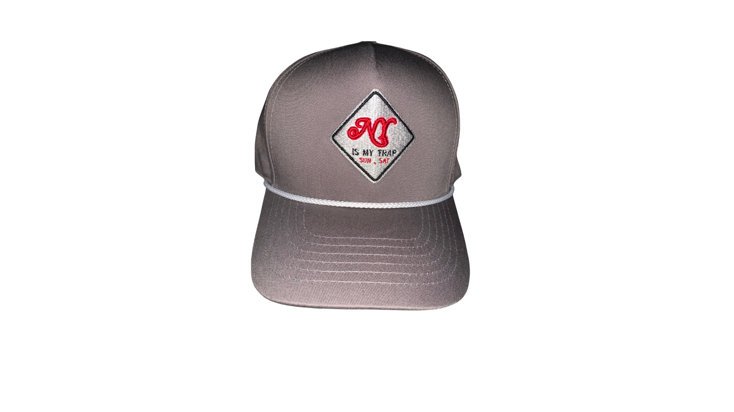 gray snapback with a white embroidered ny is my trap sun-sat logo