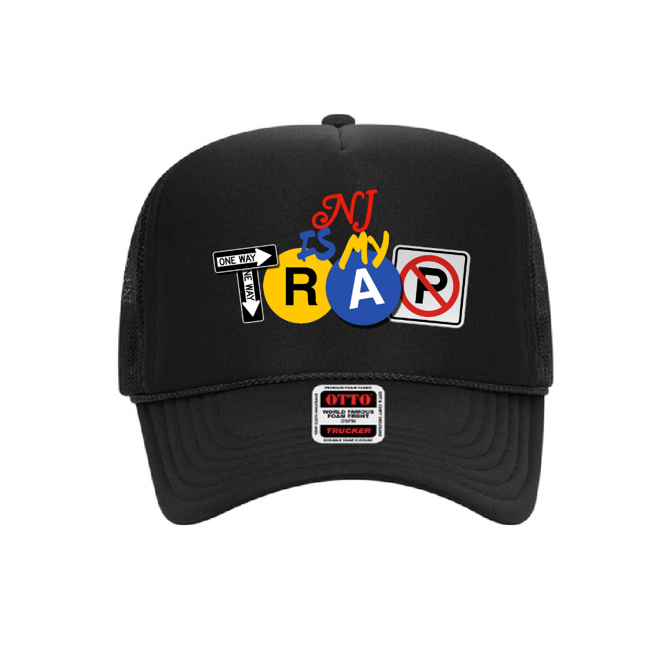 black trucker hat  with colorful embroidered ny is my trap logo text and street symbols on on hat