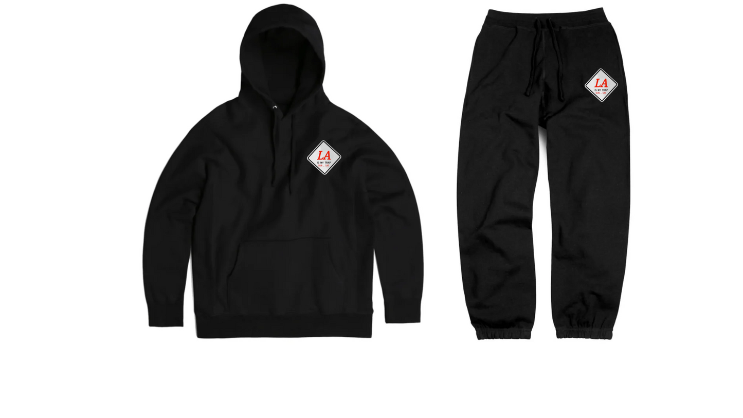 black hoodie and pants set with embroidered la is my trap sun-sat logo on hoody and pant let