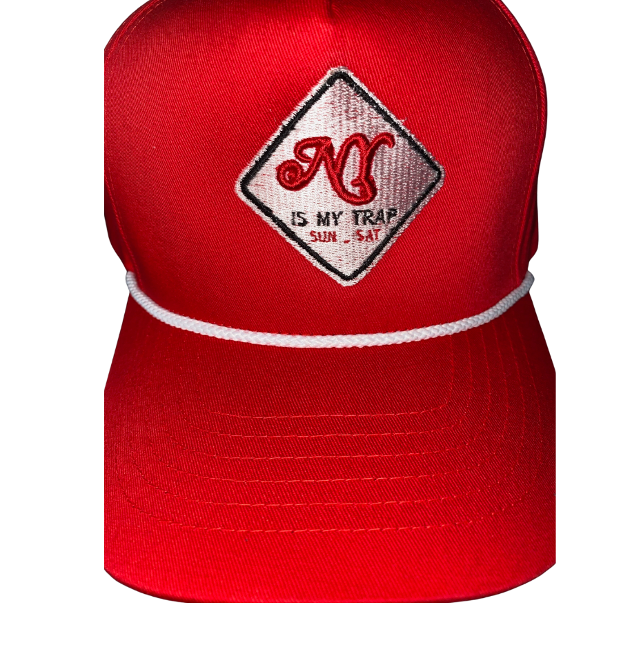 Red snapback with a white embroidered ny is my trap sun-sat logo by ny is my trap, nyc streetwear