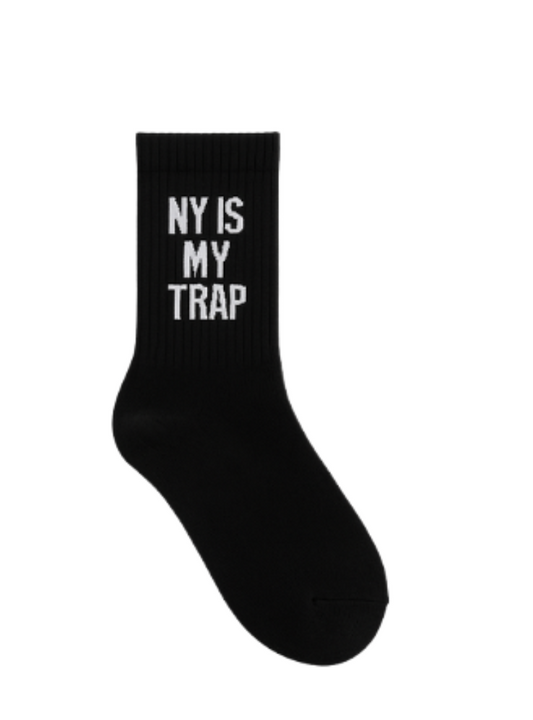 Black sock with 'NY IS MY TRAP' text 