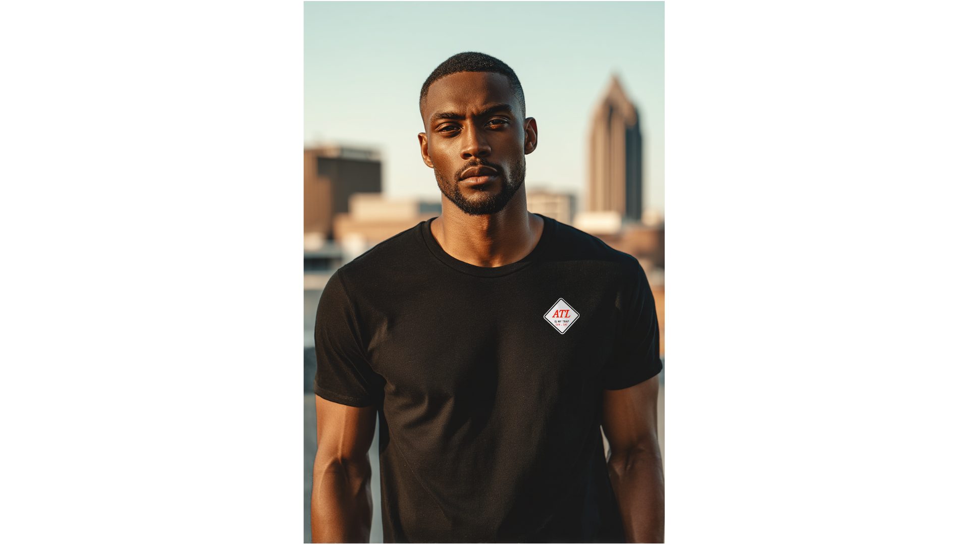 Man wearing a black t-shirt with embroidered atl is my trap sun-sat logo against an urban skyline