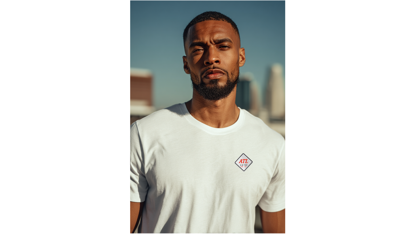 Man wearing a white t-shirt with embroidered atl is my trap sun-sat logo against an urban skyline
