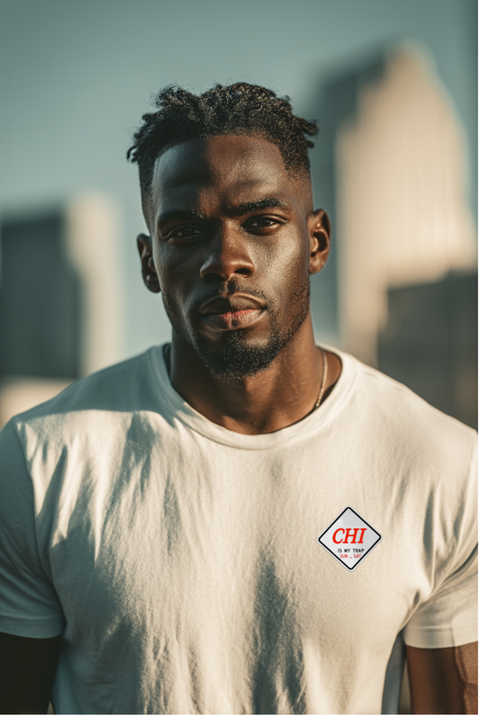 Man wearing a white t-shirt with embroidered chi is my trap sun-sat logo in an urban setting