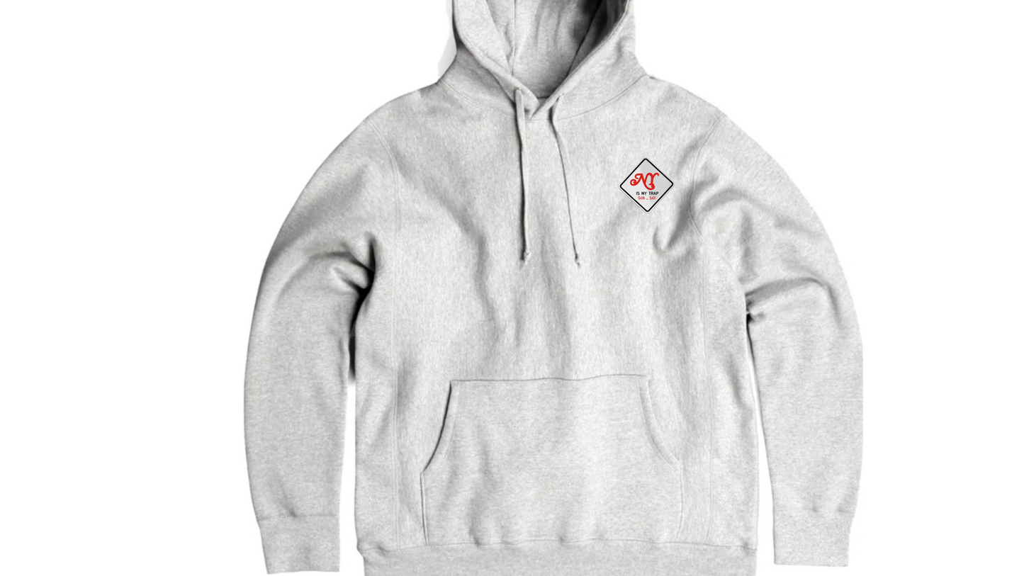 Gray hoodie with ny is my trap embroidered logo on the chest 