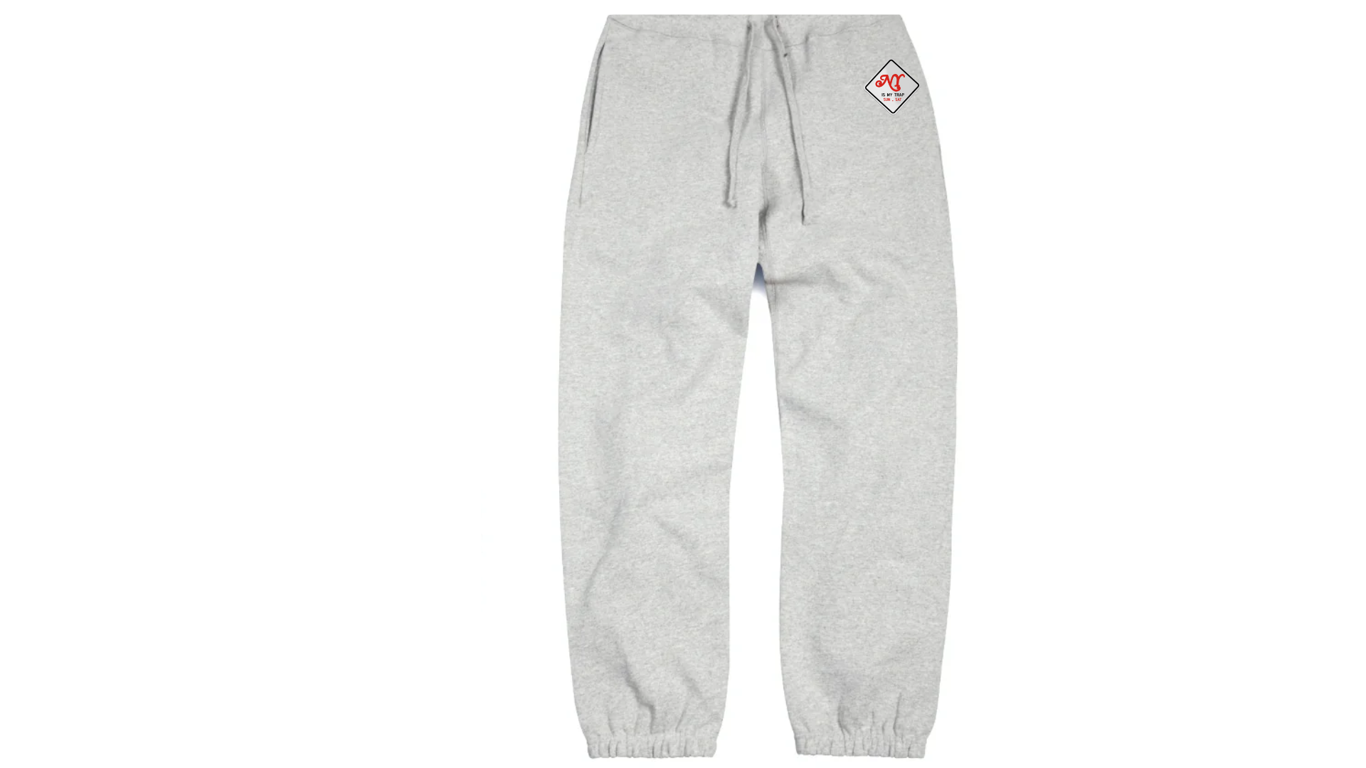Gray sweatpants with embroidered ny is my trap sun-sat logo on leg
